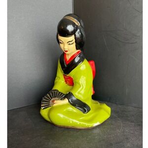 Vintage Ceramic Geisha Figurine Sitting with Fan Green Kimono Red Obi Chalkware